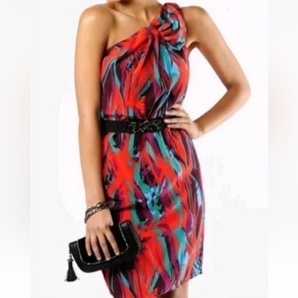 Bcbgmaxazria one shoulder coral passion midi dress 100% silk Size 4 - Picture 16 of 17